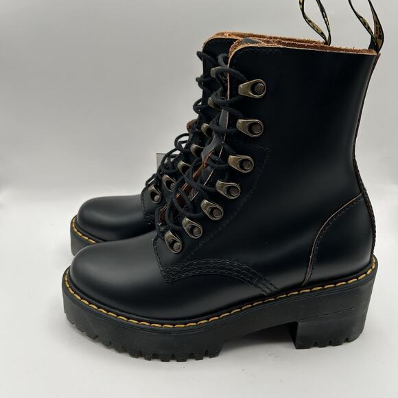 Dr. Martens Leona Platform Leather Womens Sz 5 Boot Black Polished Smooth LA004 - Picture 1 of 7